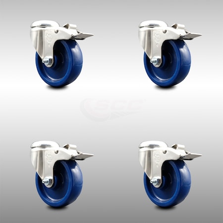Service Caster 4 Inch 316SS Solid Polyurethane Swivel Bolt Hole Caster Set with Lock Brake SCC SCC-SS316BHTTL20S414-SPUS-4